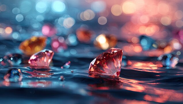 Gemstones on rippled water, vibrant colors