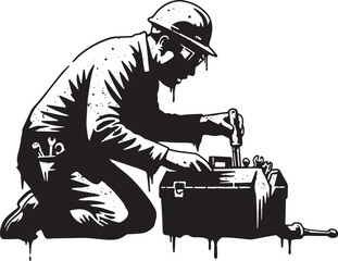 Monochrome depiction of a tradesman kneeling with his toolkit an