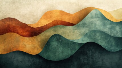 Abstract Earth Tones Layered Wavy Landscape with Concrete Texture Backdrop
