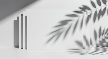Obraz premium Modern minimalist Blank Space a pristine white backdrop beautifully illuminated by natural light and delicate tropical leaf shadows, creating a serene and elegant empty canvas.