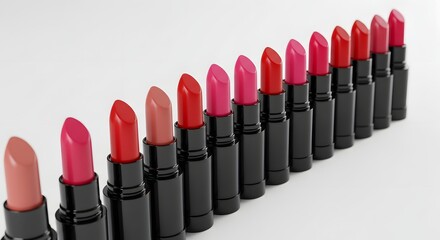 Lipsticks in Red and Pink Shades on White Background
