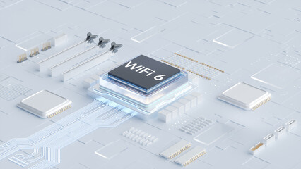 3D rendering of WiFi 6 chip on advanced circuit board for tech and network infrastructure concepts