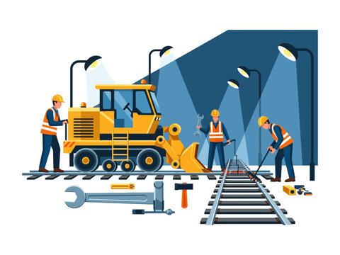 Railway Construction Site: Witness a team of skilled construction workers diligently repairing the railway tracks, illuminated by bright spotlights, ensuring smooth and efficient transport.