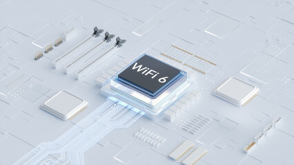 3D rendering of WiFi 6 chip integrated on advanced circuit board for next - gen wireless technology