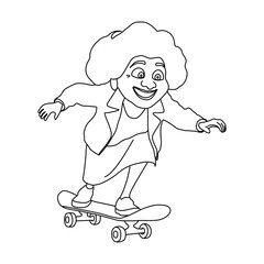 An elderly woman with a joyful smile on her face and a twinkle in her eyes rides a skateboard. Linear drawing. Vector. Transparent background. Isolated.
