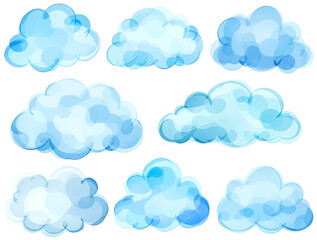 Set of pastel blue cartoon clouds isolated on white background. Hand drawn watercolor illustration.