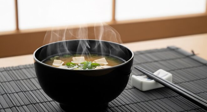 Steaming miso soup with tofu in a black bowl on a bamboo mat. Perfect for Japanese cuisine promotions, healthy eating content, or culinary blog posts about Asian foods.