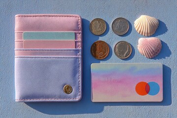 Pastel-colored wallet, cards, coins, and seashells on a light blue surface