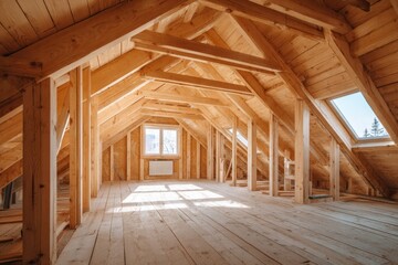 Attic interior of an off-frame construction house with wooden beams and a gable roof structure. Newly constructed A-frame wood attic with beams and unfinished walls. Newly-built buildings, or homes.