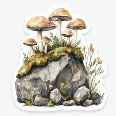 Group of Mushrooms Growing on Mossy Rock Watercolor Painting