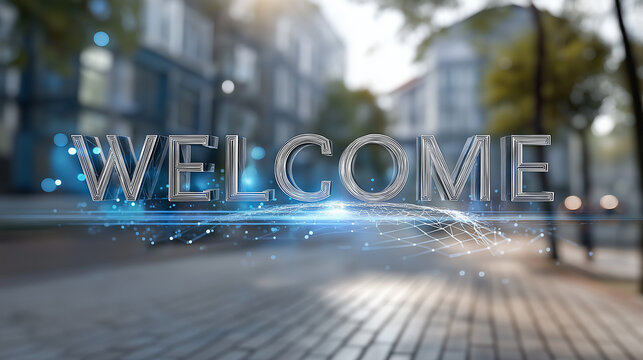 Futuristic holographic welcome sign glowing in gentle sunlight