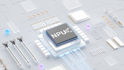 3D rendering of NPU neural processing unit chip on futuristic circuit board for AI computing technology