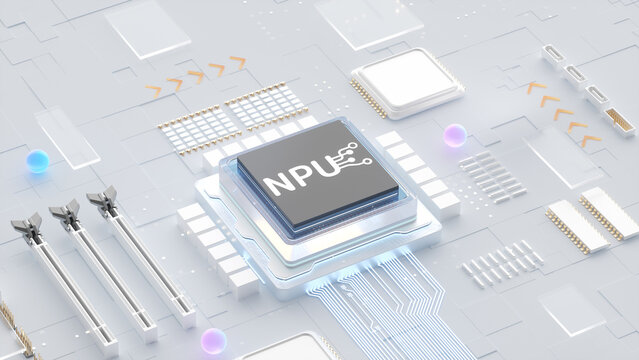 3D rendering of NPU neural processing unit chip on futuristic circuit board for AI computing technology