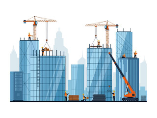 Building City: A vibrant illustration captures a bustling cityscape under construction. Workers and construction cranes collaborate to build new skyscrapers, symbolizing progress.