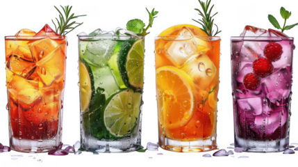 Bahama Mama, Cape Coder, Canchanchara cocktail PNG set bundle, transparent isolated background. Mixology, bar menu cocktails, colorful vibrant refreshing mixed drink with garnish
