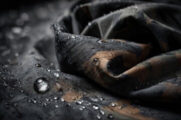 Close-up of water droplets on camouflage fabric