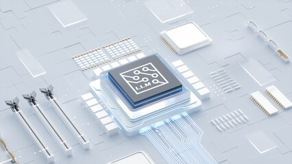 Digital Art Depicting Advanced LLM Semiconductor Chip on Futuristic Circuit Board for AI Technology Concepts