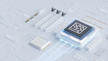 3D rendering of advanced LLM chip on semiconductor circuit board for AI technology concepts