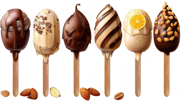 Chocolate glazed vanilla ice cream bar on stick transparent PNG cutout set bundle, isolated background. Almond nuts, milk and pink chocolate, lemon and strawberry flavor cue.