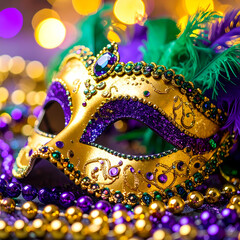 Mardi gras mask and beads close up