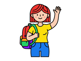 Friendly Greetings: A cheerful young woman, adorned with a backpack, extends a warm and welcoming hand, her inviting smile conveying joy. This is an animated scene.