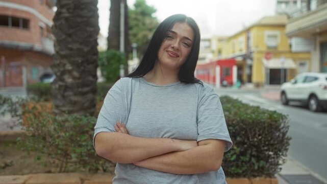 Woman standing confidently with arms crossed on a bustling city street shows plus size fashion in an urban setting, highlighting modern diversity and empowerment.