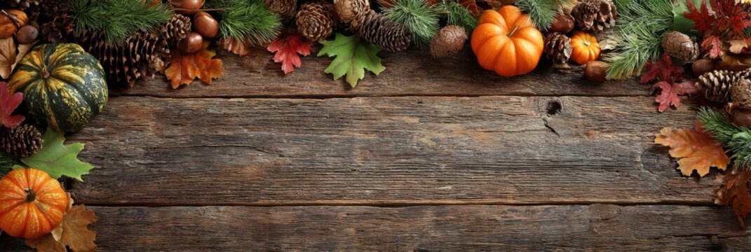 Creative autumn rustic composition. Different pumpkins, colorful leaves on a rustic old wooden background. Template fall harvest thanksgiving, anniversary invitation card. Halloween Long Wide Banner