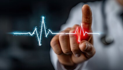 Doctor's finger points at a glowing ECG