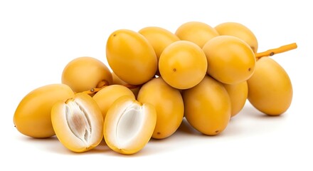 Fresh ripe yellow dates on a stalk with one cut open