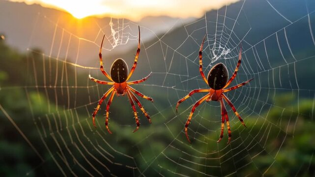 Golden Orb Weaver Spiders on Sunrise Web - Nature's Art