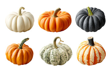 Six Diverse Pumpkins Variety Displayed on White Background