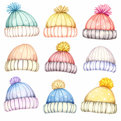 set of different watercolor winter hats on white background for printing, fabric