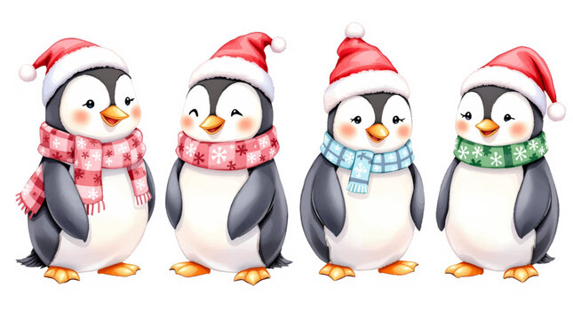 Vector set of cute funny penguins. Cartoon illustration. Christmas cute penguin characters.