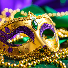 Mardi gras mask with beads closeup