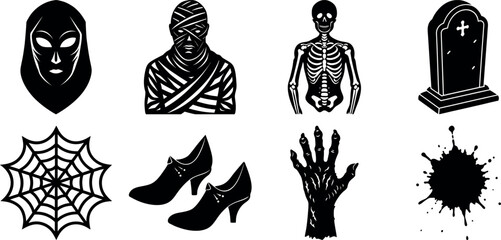 Halloween Icon Set in Black and White Spooky and Creepy Elements