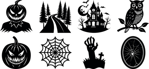 Spooky Halloween Silhouettes Pumpkin Haunted House Owl Spiderweb and More