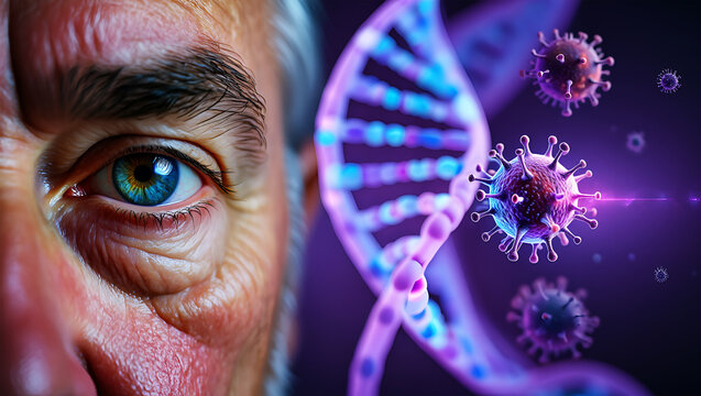 Aging human eye and virus D N A helix image