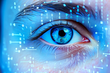 Blue eye with digital binary code overlay iris pupil