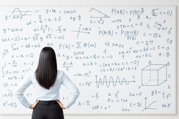 Woman standing in front of whiteboard filled with complex math, physics, and geometry formulas on bright background in educational science concept.