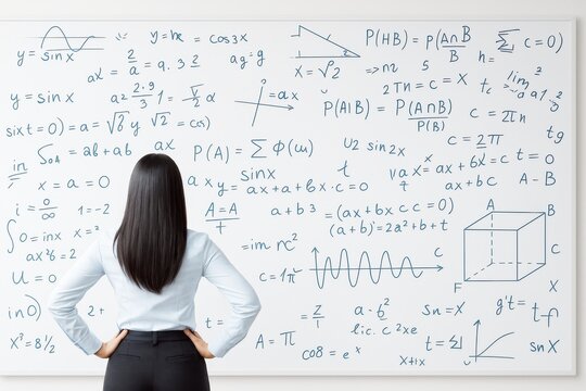 Woman standing in front of whiteboard filled with complex math, physics, and geometry formulas on bright background in educational science concept. - Powered by Adobe