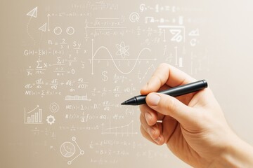 Hand holding pen drawing mathematical equations and scientific symbols on a light background in a creative science concept illustration.