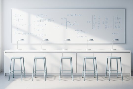 Modern science classroom with white desks, blue stools, and whiteboard filled with math equations in bright minimal light background.