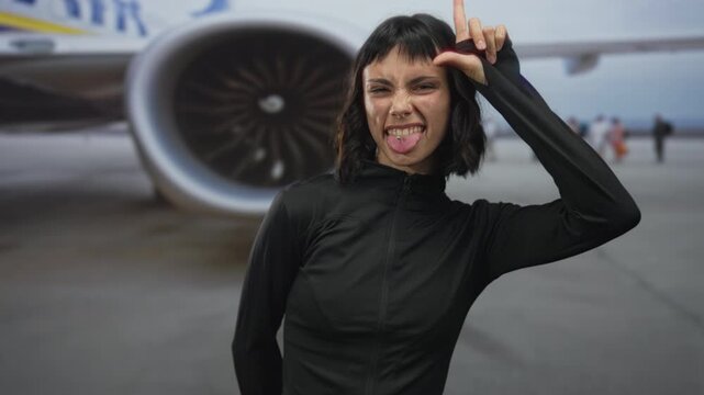 Young hispanic woman in sportswear grinning and making loser sign with hand at airport; rebellious attitude.