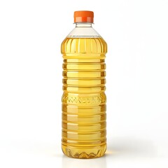 Clear plastic bottle filled with golden cooking oil isolated on a white background isolated on white background