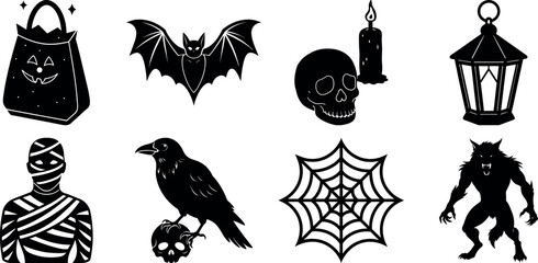Halloween Silhouette Vector Set with Bat Mummy Skull Lantern and More