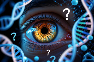 Human eye with swirling D N A strands and question marks iris pupil