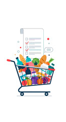 Grocery shopping cart filled with food items and checklist on paper document