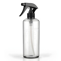 Clear plastic spray bottle with black trigger sprayer and internal tube isolated on white background