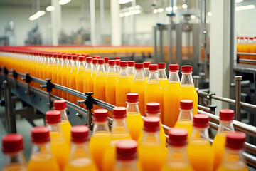 Numerous orange juice bottles on a conveyor belt beverage production