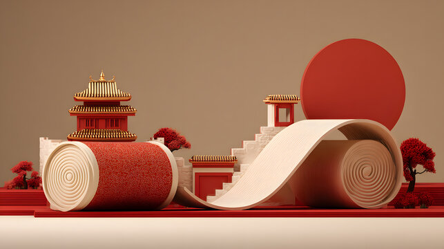 Red Chinese Architecture With Scroll
